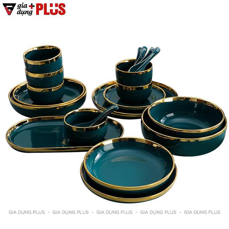 Bộ chén bát xanh ngọc lục bảo viền vàng phong cách Bắc Âu cao cấp