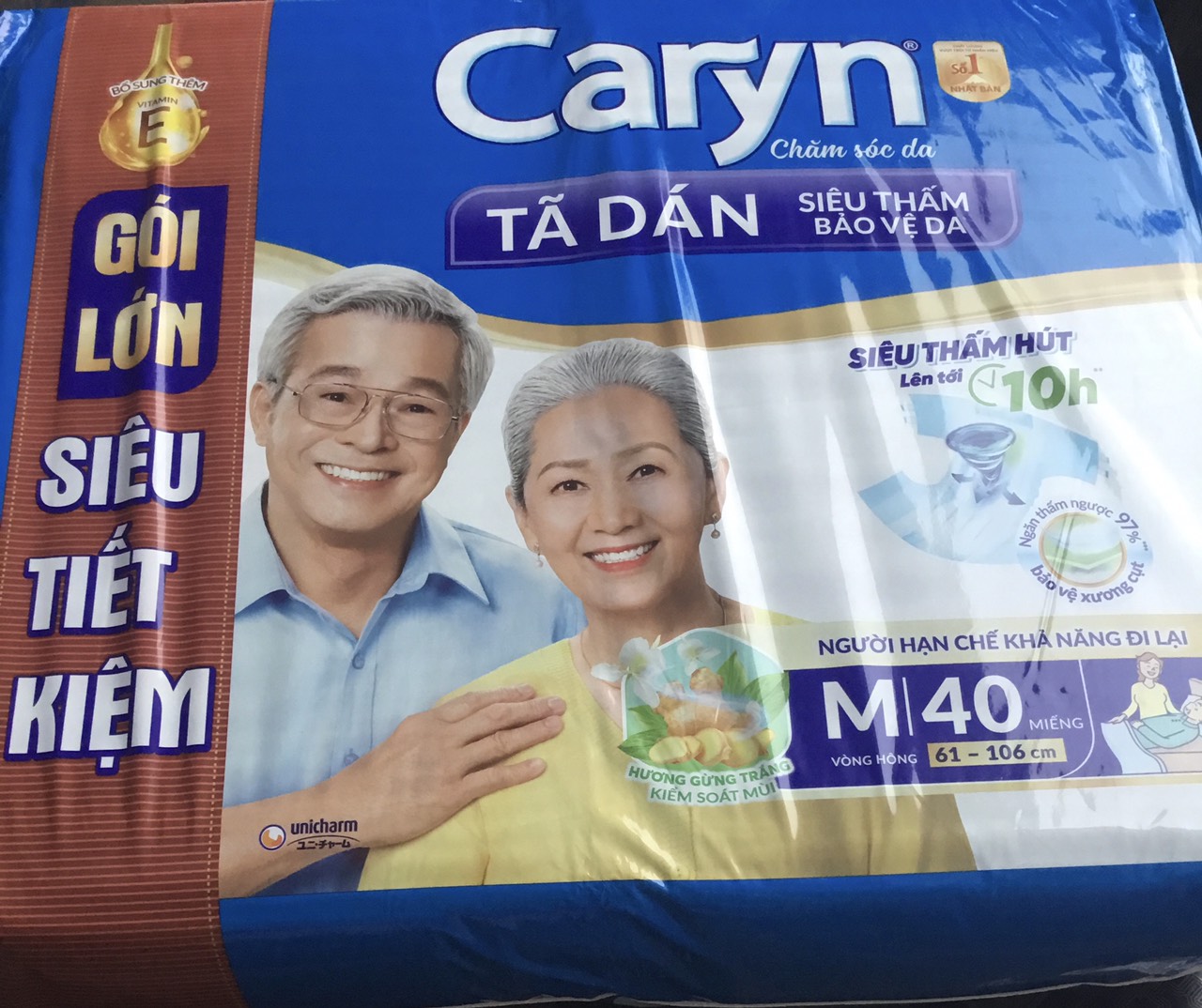 Tã Dán Người Già Siêu Thấm Caryn Size M 40 Miếng Vòng Hông 61 Đến 106 Cm - Bỉm Dán Người Cao Tuổi Size M40 Caryn