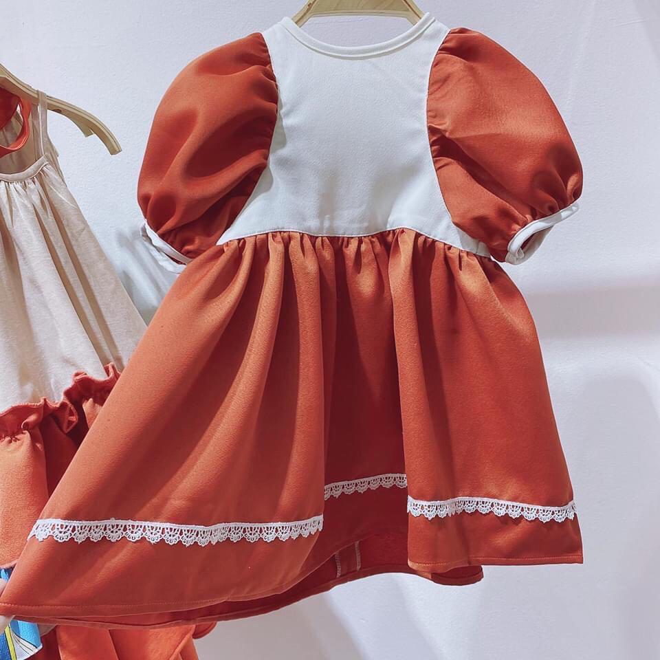 Đầm babydoll nâu cam tay phồng