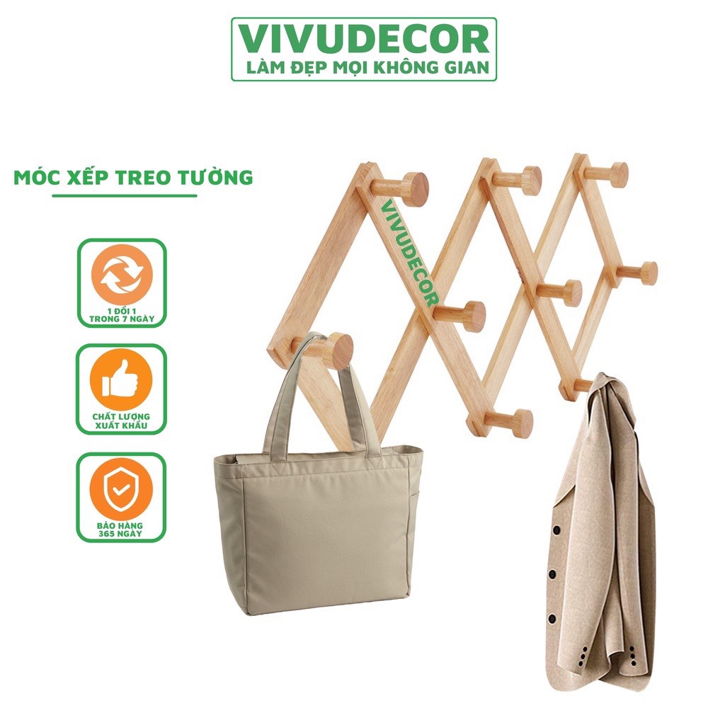 Móc Xếp Gỗ 10 nhánh Vivudecor - Móc Xếp Thông Minh Biến Hình Phù Hợp Với Mọi Không Gian, Treo Tường Không Cần Khoan