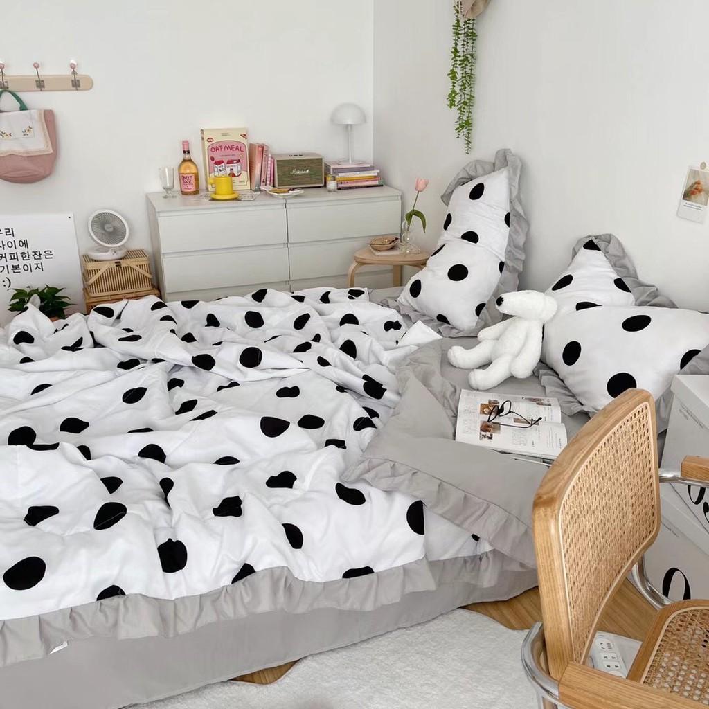 Bộ chăn ga gối Cotton đũi phối bèo M2T bedding chăn ga Hàn Quốc họa tiết chấm bi đen - chăn lót bông