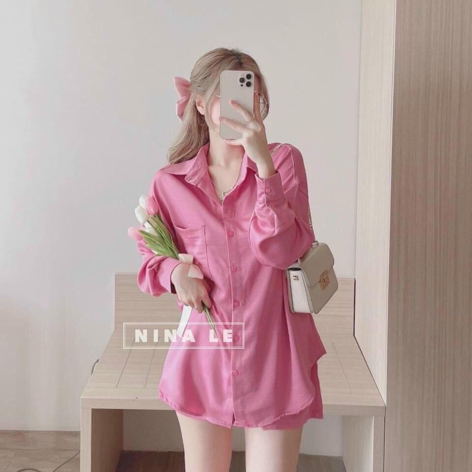 Sét bộ áo sơ mi tay dài phối quần đùi chất liệu tuyết nhung phù hợp cho mọi phong cách