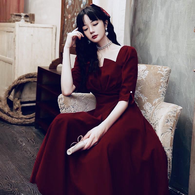 VÁY NHUNG ĐỎ ĐÔ DÁNG XOÈ DÀI 106cm