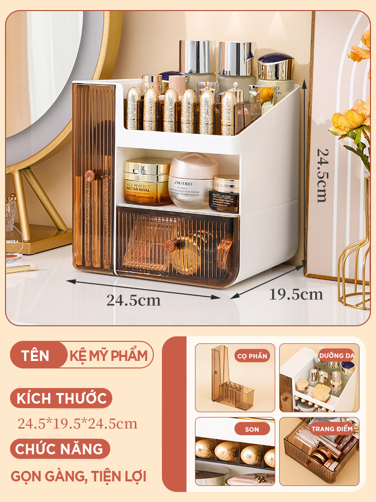 Kệ Đựng Mỹ Phẩm, Để Đồ Trang Điểm Nhựa Đẹp Màu Trắng Chống Bẩn, Hôp Khay Đựng Mỹ Phẩm VANDO