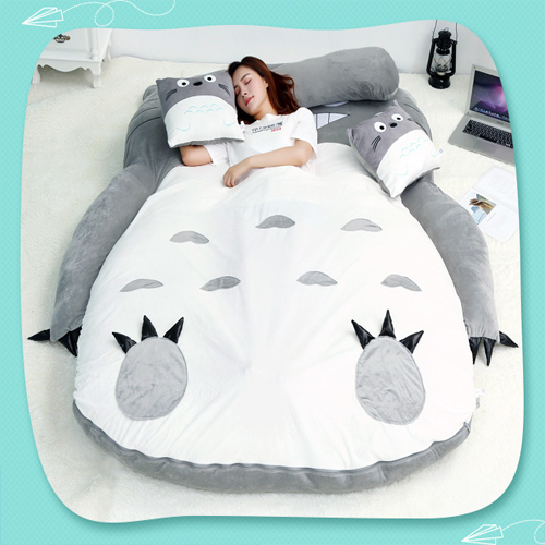 Đệm giường lười thêu hình thú xinh xắn, đệm lười totoro có khóa kéo 2 lớp dễ dàng vệ sinh