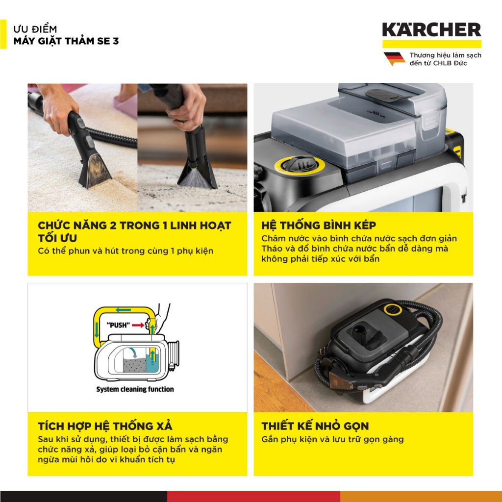 (Sản xuất châu Âu) Máy giặt thảm và sofa Karcher SE 3 Compact Home - Công suất 500W - Làm sạch thảm, sofa nhanh chóng - Hàng Chính Hãng