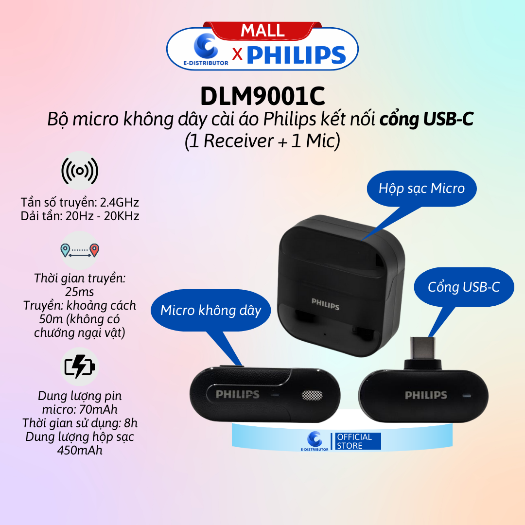 Bộ micro không dây cài áo Philips DLM9001C cổng USB-C - DLM9001L cổng Lightingg (1Receiver + 1Mic) - Hàng Chính Hãng