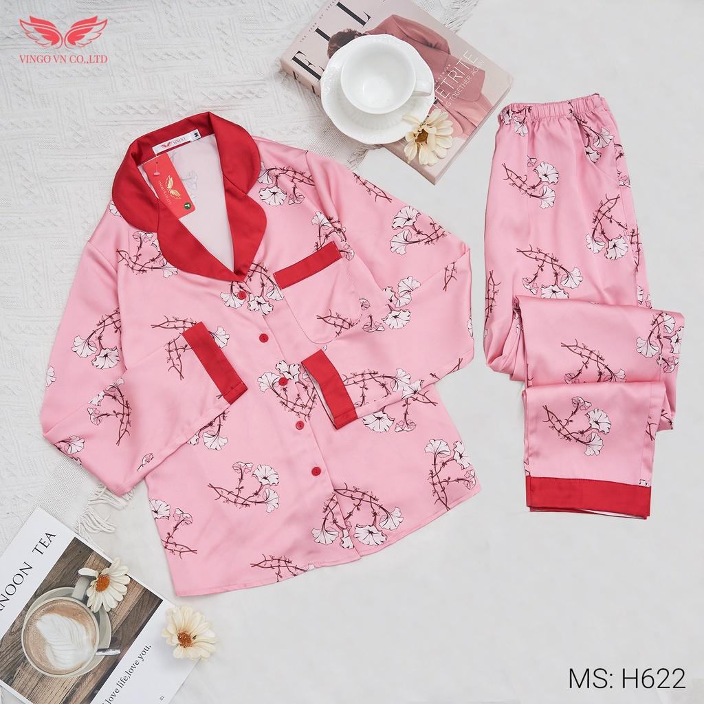 Đồ Bộ Ngủ Nữ Pijama Mặc Nhà VINGO Lụa Pháp Cao Cấp Tay Dài Quần Dài Họa Tiết Hoa Trắng Sang Trọng Mùa Đông H622 VNGO