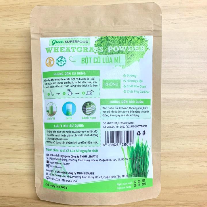 Combo 02 túi bột cỏ lúa mì sấy lạnh nguyên chất Lematie (100g)+ túi (45g) giảm cân, detox, eat clean, chứng nhận ATVSTP