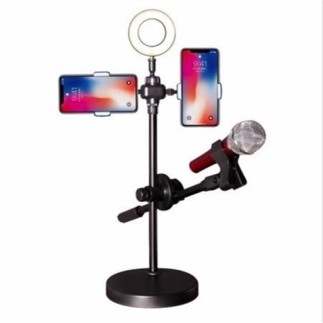 Đèn Livestream 4 Trong 1 kiêm giá đỡ hai điện thoại và giá đỡ mic