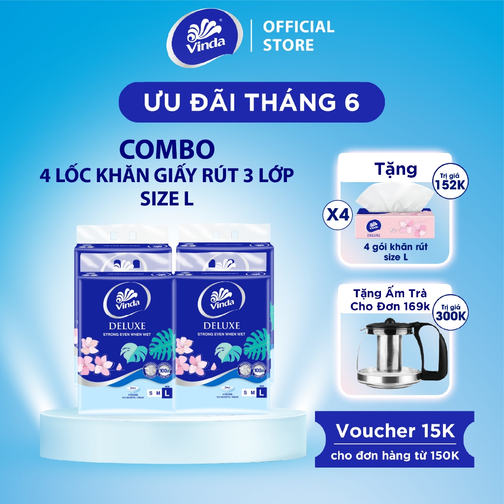 [MUA 4 LỐC SIZE L TẶNG 4 GÓI KHĂN RÚT SIZE L] Khăn giấy rút cao cấp Vinda Deluxe 3 lớp 110 tờ size L (4 Gói)