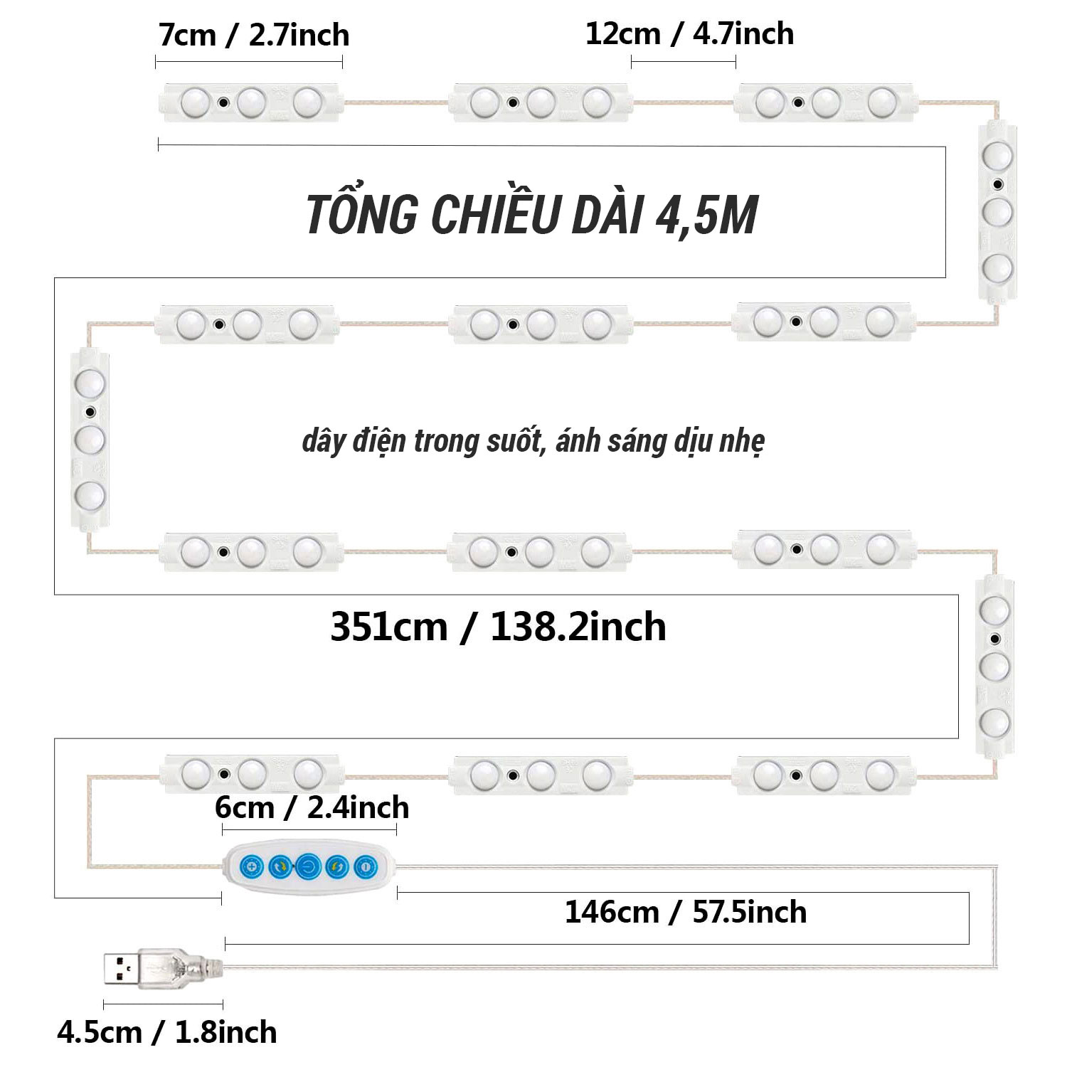 Dây Đèn LED Trí Gương Bàn Trang Điểm 15 Bóng Dài 5 Chế Độ Sáng, Chống Nước