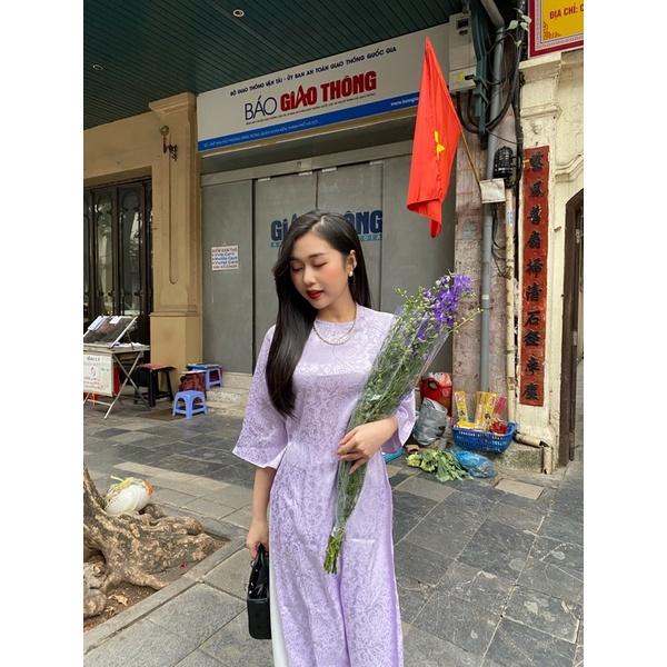 Áo dài Gấm Trà hoa - Màu Tím Pastel