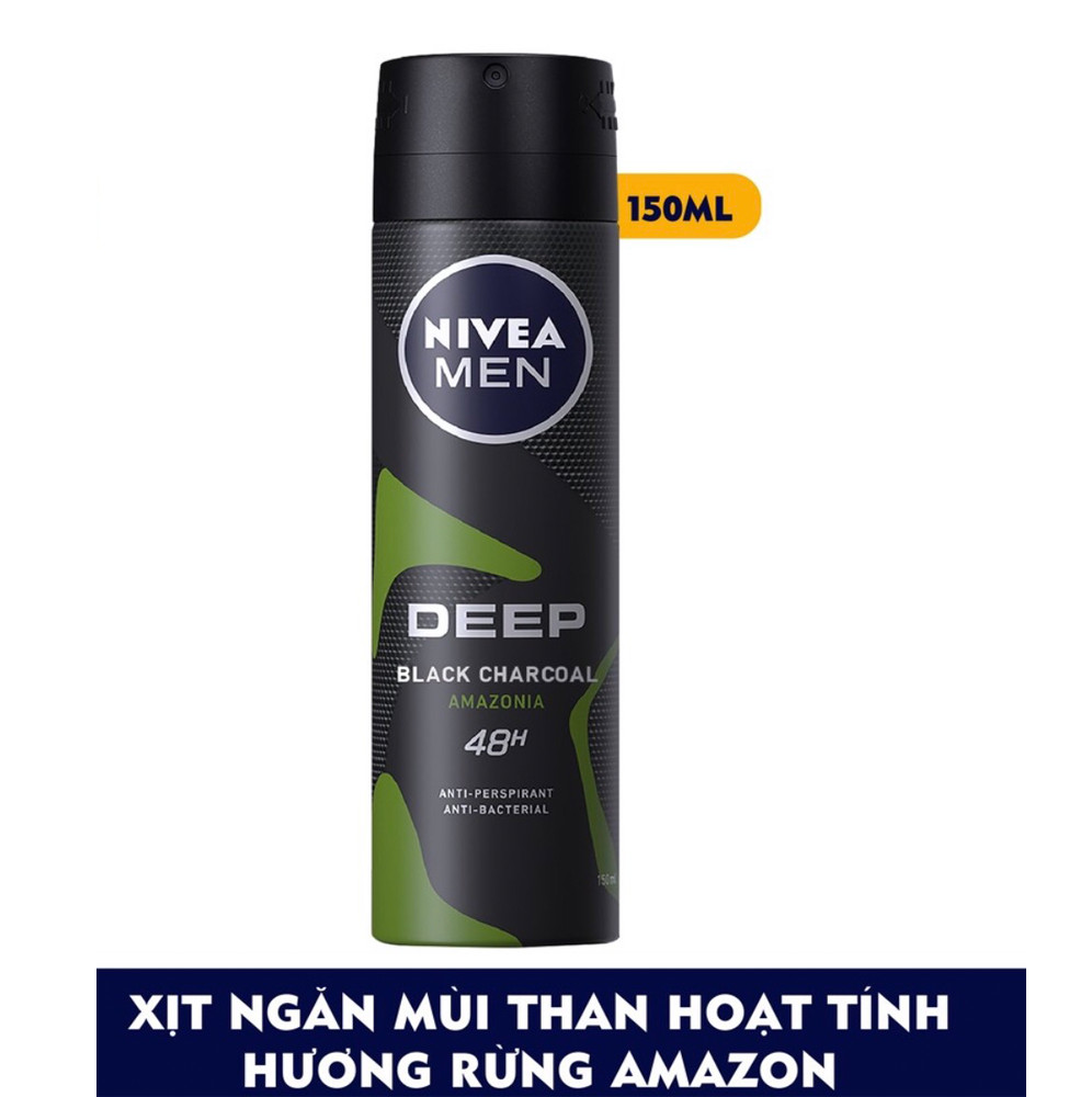 Bộ Đôi Xịt Ngăn Mùi Nivea Than Đen Hương Rừng Amazon 150ml và Lăn Ngăn Mùi Nivea Than Đen Hương Rừng Amazon 50ml