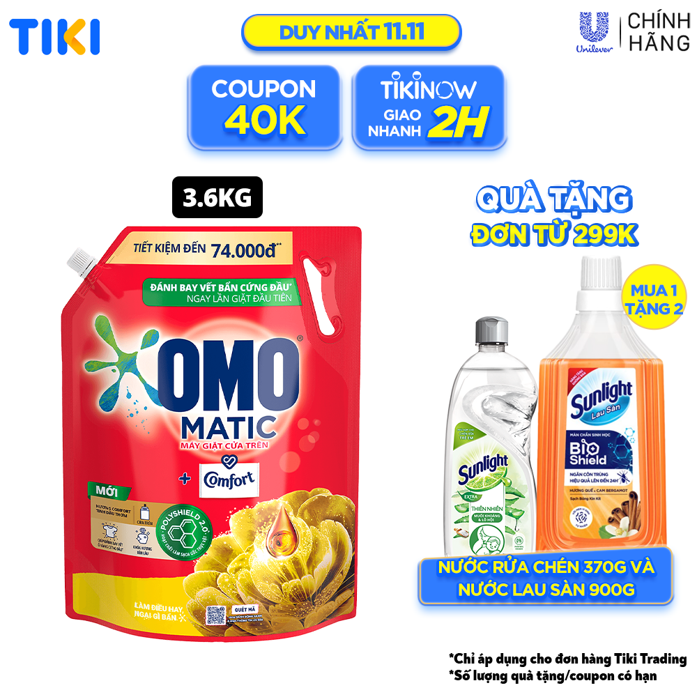 TúI Nước Giặt Omo Matic Comfort Cho Máy Giặt Cửa Trên Hương Tinh Dầu Thơm Xoáy Bay Vết Bẩn, Hương Thơm Bền Lâu 3.6Kg