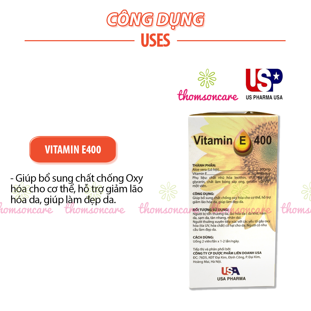 Viên uống Vitamin E 400 hướng dương - Giúp làm đẹp da, ngăn ngừa lão hóa, tốt cho sinh lý, giúp tóc chắc khỏe - Hộp 100v