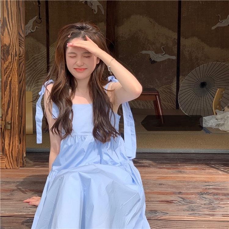 Đầm 2 dây thắt nơ vai chất đũi form rộng Váy babydoll đuôi cá siêu xinh