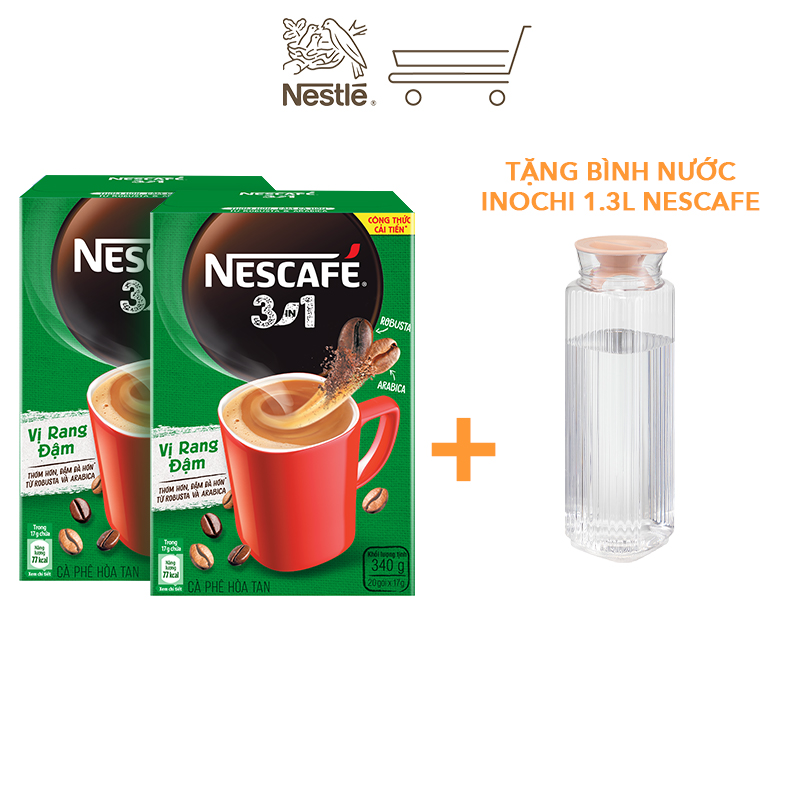 [Tặng Bình nước Inochi 1.3L NESCAFE] Combo 2 hộp cà phê hòa tan Nescafé 3IN1 công thức cải tiến - VỊ RANG ĐẬM (1 hộp x 20 gói x 17g)