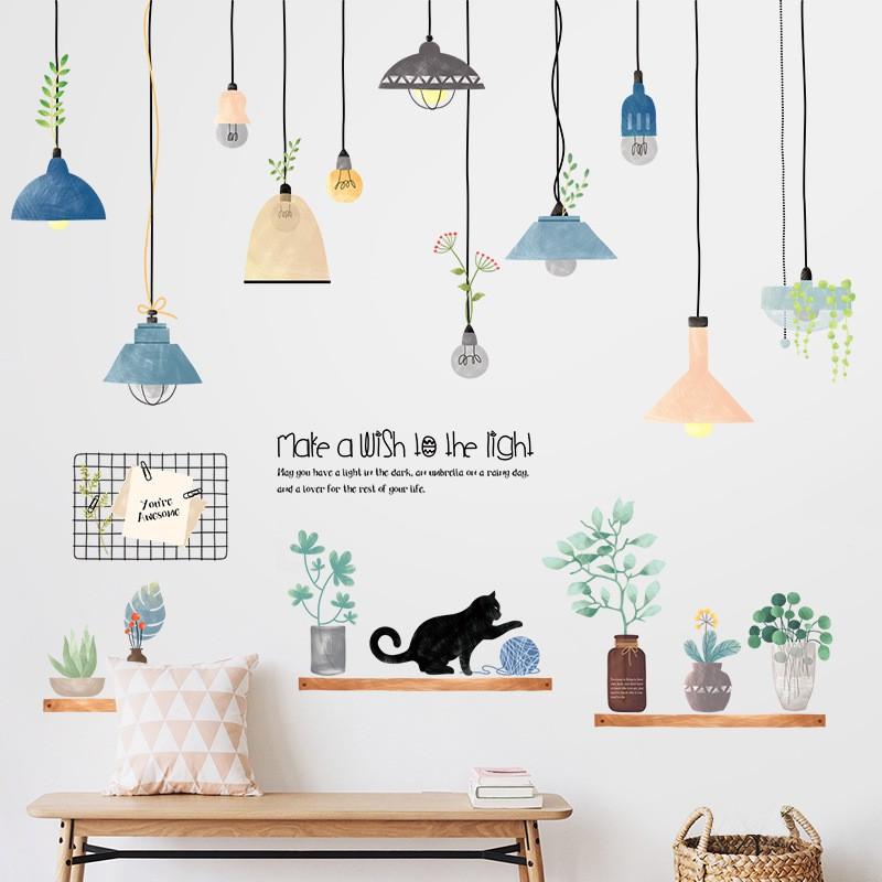 Decal dán tường Dây đèn thả và kệ cây