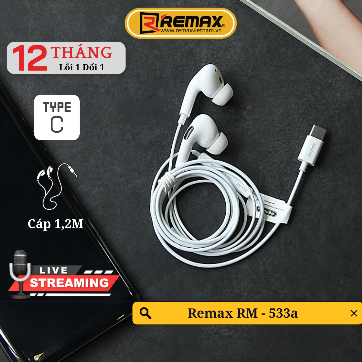Tai nghe có dây chân Type C - Airplus Pro Remax RM-533a - Âm Bass Chắc Khoẻ - Hàng Chính Hãng Remax Bảo Hành 12 Tháng 1 Đổi 1