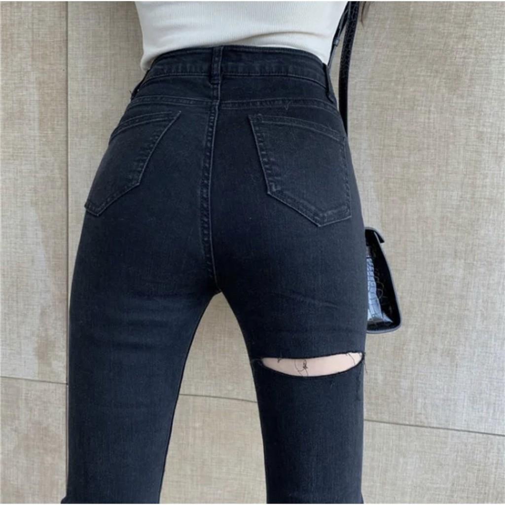 Quần jean nữ dài màu đen tuyền lưng cao co dãn mạnh, rách kiểu dành cho Big Size 2707