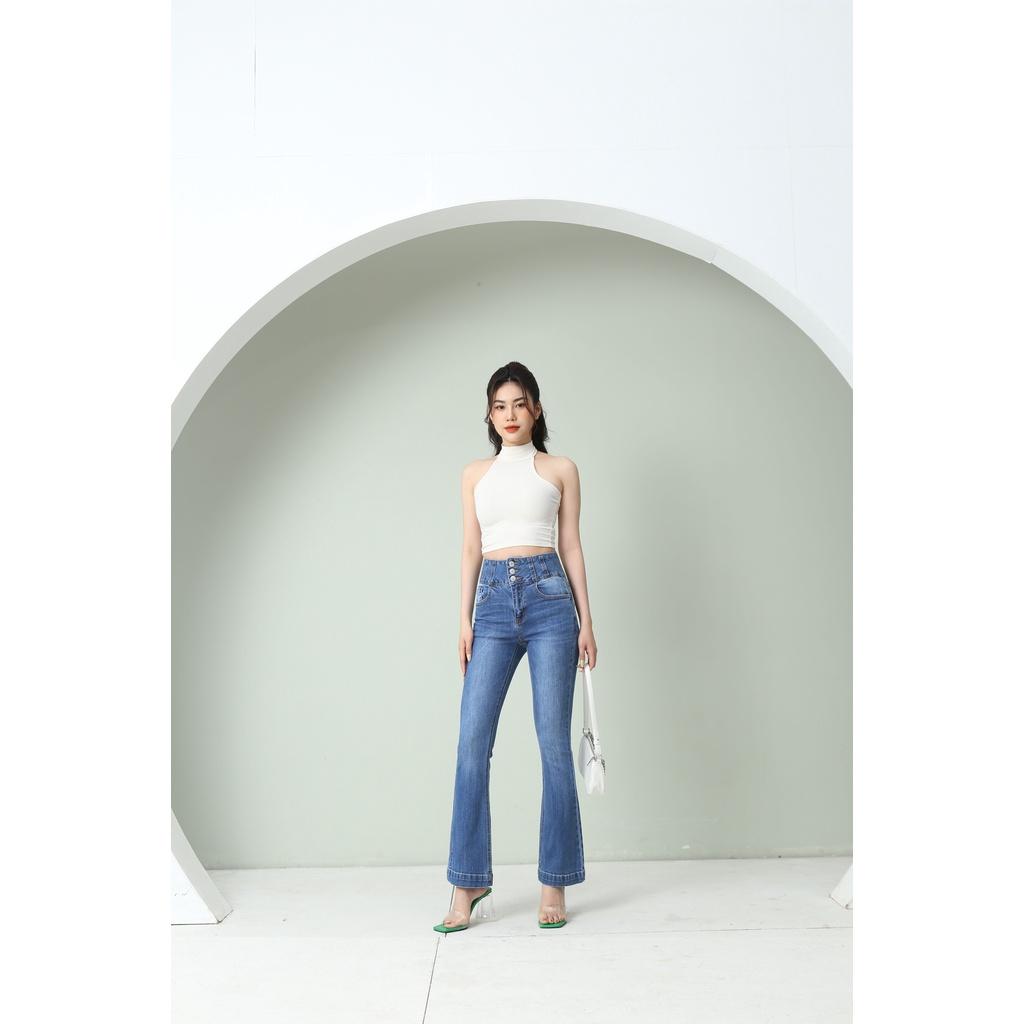 Quần Jean Nữ Ống Loe Lưng Cao 3 Cúc Co Giãn Trơn Dáng Dài Gấu Bản To CT Jeans