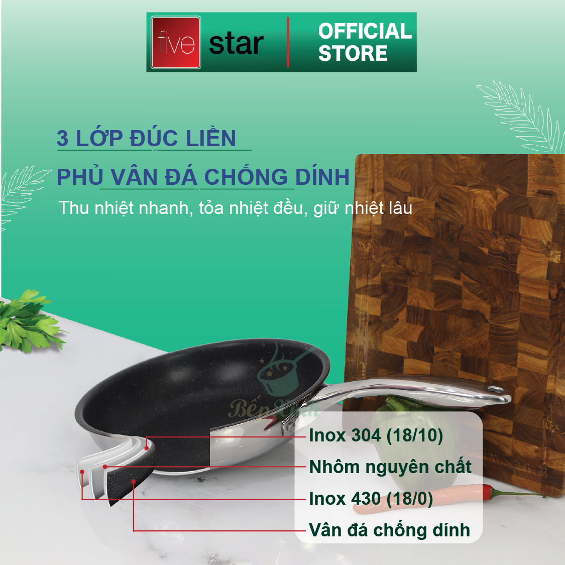 Bộ nồi và chảo chống dính vân đá inox 304 cao cấp Fivestar Plus 5 món nắp kính , tặng 1 vá canh