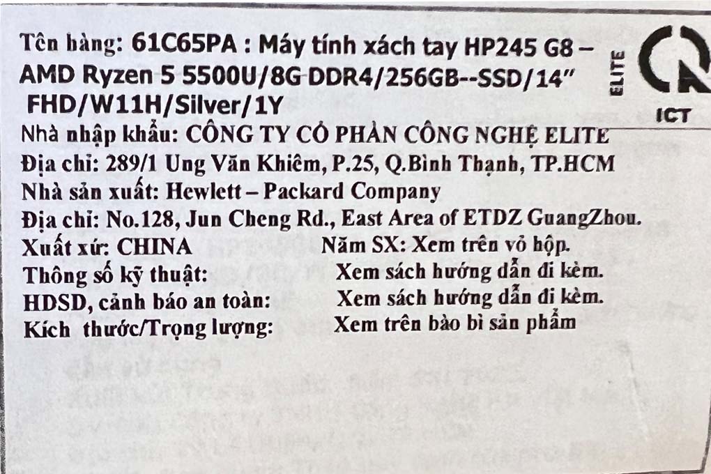 Laptop HP 245 G8 R5 5500U/8GB/256GB/14&quot;F/Win11/(61C65PA)/Bạc - Hàng chính hãng