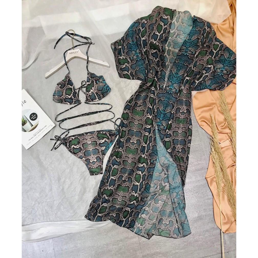 freeship Set bikini 3 chi tiết kèm áo choàng họa tiết da rắn xanh sang choảng mới nhất mặc đi biển đi bơi