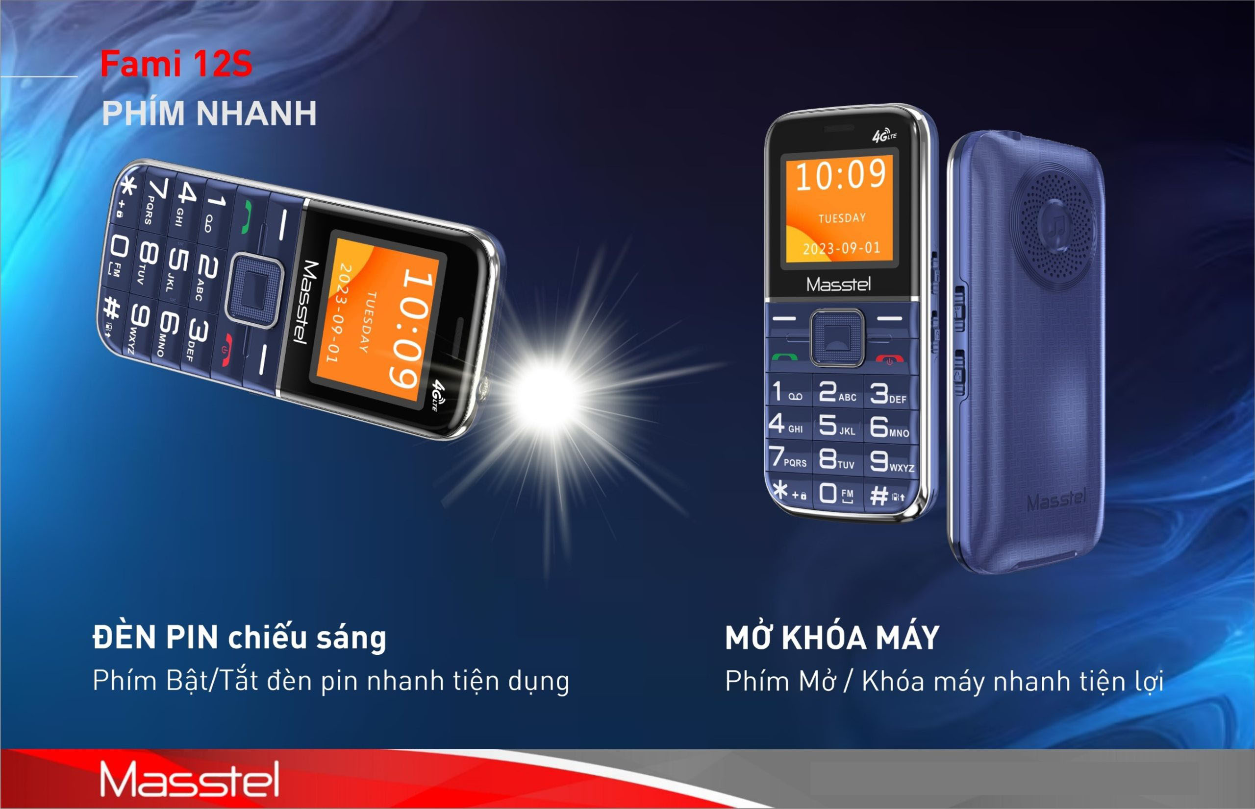 Điện thoại người già Masstel Fami 12S 4G(LTE) , Bàn phím chữ số to, Loa lớn , Máy viền thép chắc chắn - Hàng chính hãng