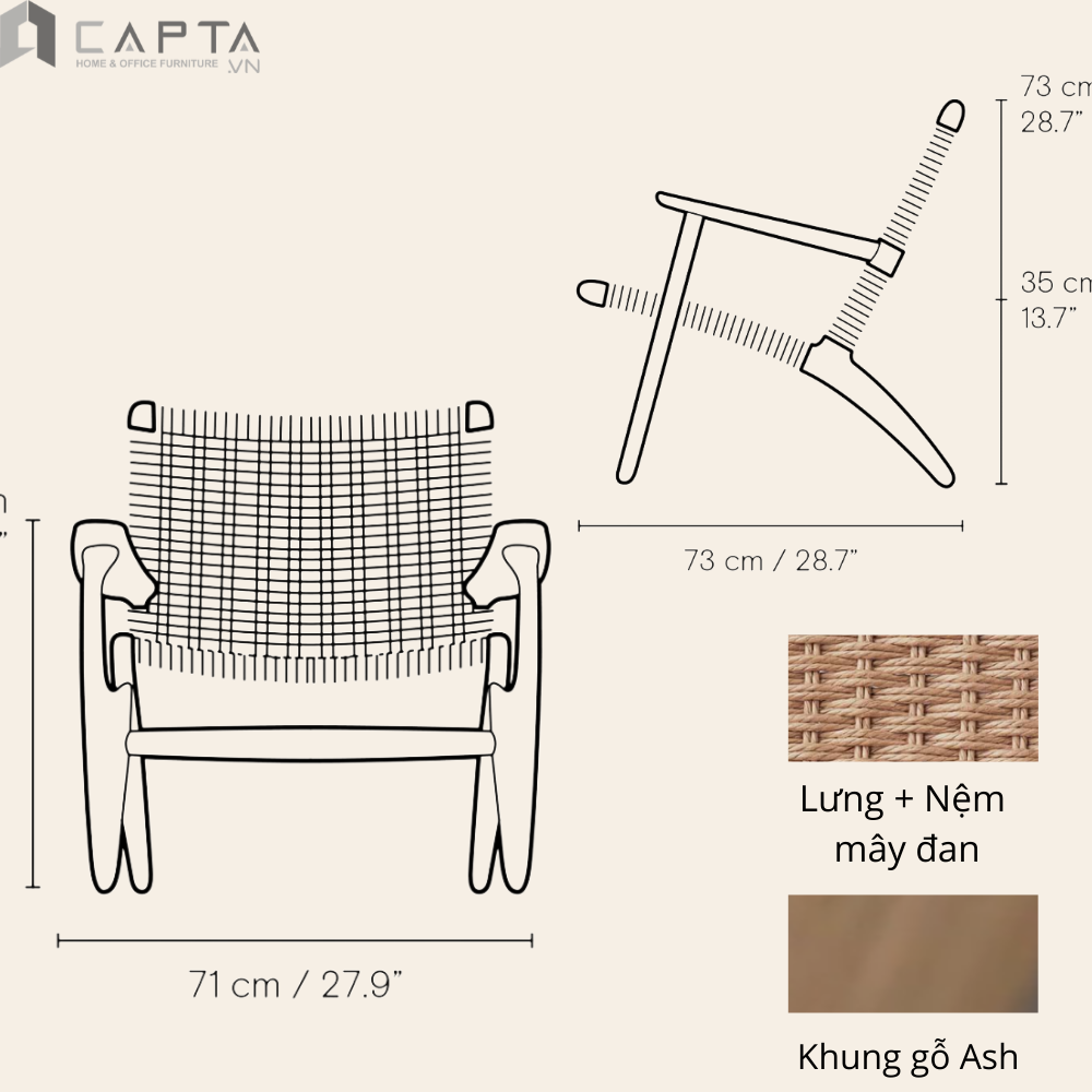 Ghế thư giãn đọc sách khung gỗ Ash nệm mây đan Ghế ngồi tiếp khách nhập khẩu cao cấp CH25 – Nội thất CAPTA – The Woven Lounge Chair HCM