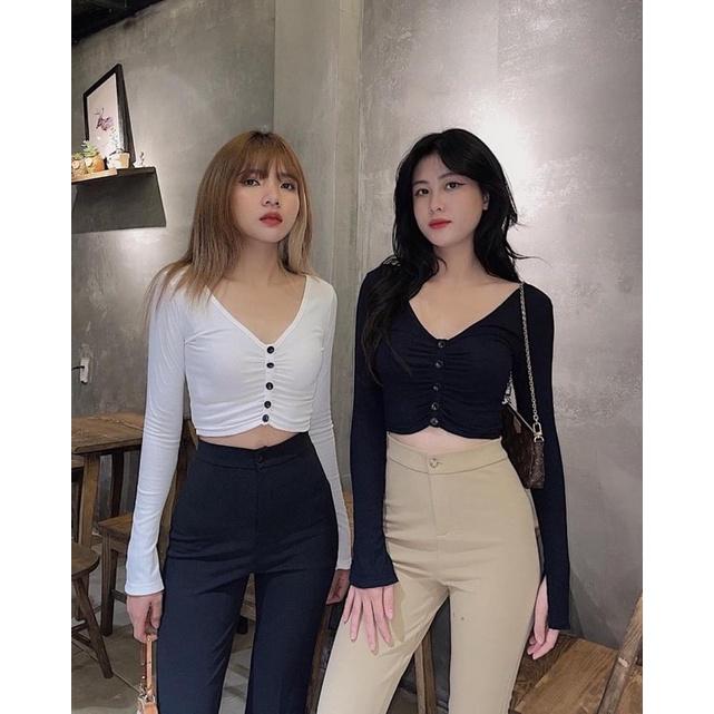Áo Thun Croptop Nhún Ngực Tay Dài Phối Nút Siêu Xinh