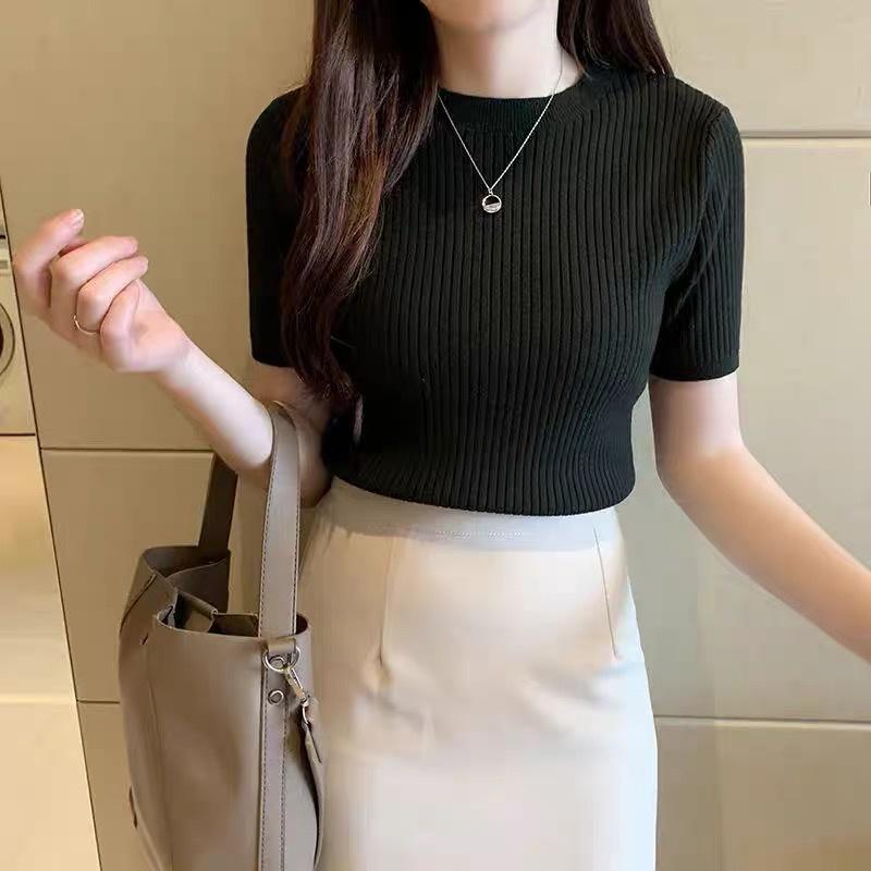 Áo Len Tăm Nữ Ngắn Tay Cổ Tròn Dáng Ôm Kiểu Basic Dệt Kim len Gân Hàng Quảng Châu Cao Cấp Dễ Phối Đồ