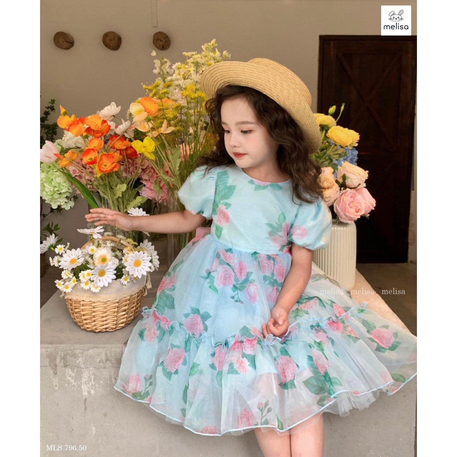 Đầm váy babydoll tay phồng cho bé gái hoa hồng diện đi chơi đi học du lịch đẹp size 12-40kg hàng thiết kế