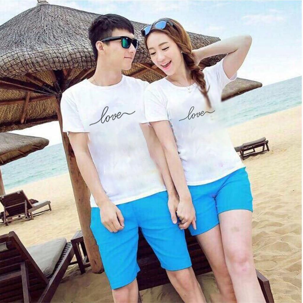 Đồ gia đình quần xanh áo trắng in họa tiết Love nhẹ nhàng nhưng đầy lãng mạn