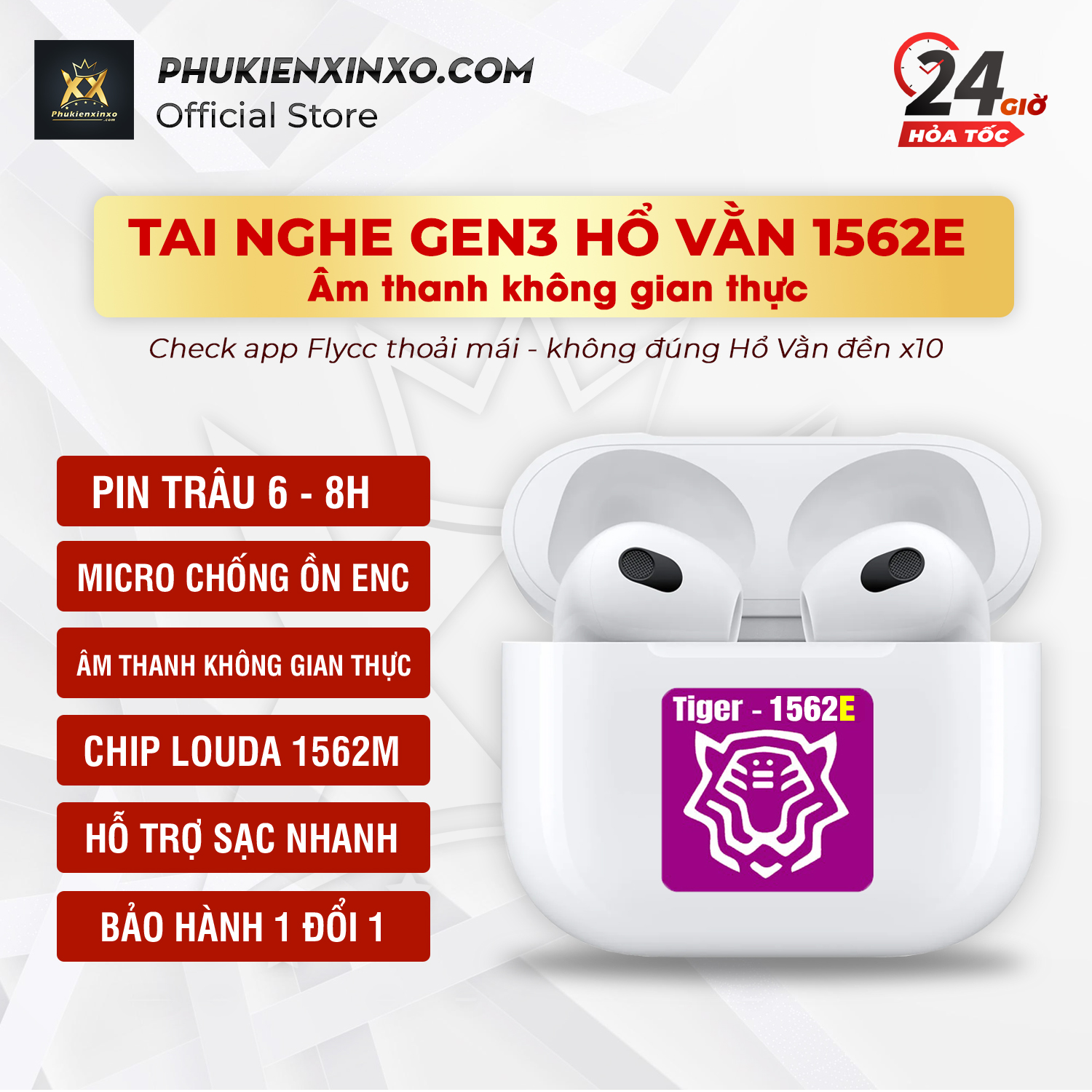 Hổ Vằn 1562E - Tai Nghe Không Dây Gen 3 1562E âm thành không gian - Bản mới 2023 - Pin 8h - BH 6 tháng 1 đổi 1