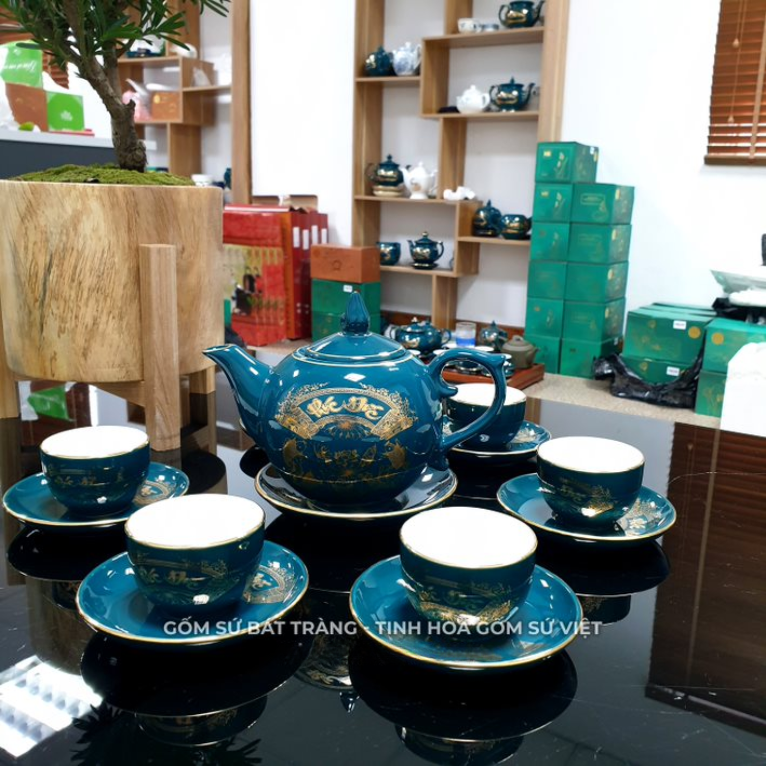 Bộ ấm chén uống trà cao cấp , bộ ấm trà Bát Tràng - phúc đức xanh mallard
