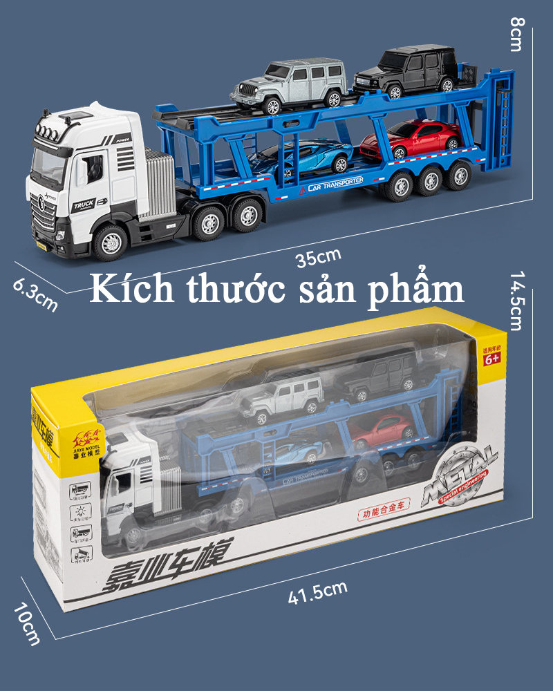 Đồ chơi xe đầu kéo vận chuyển 4 xe ô tô bằng hợp kim nguyên khối có nhạc và đèn chạy cót