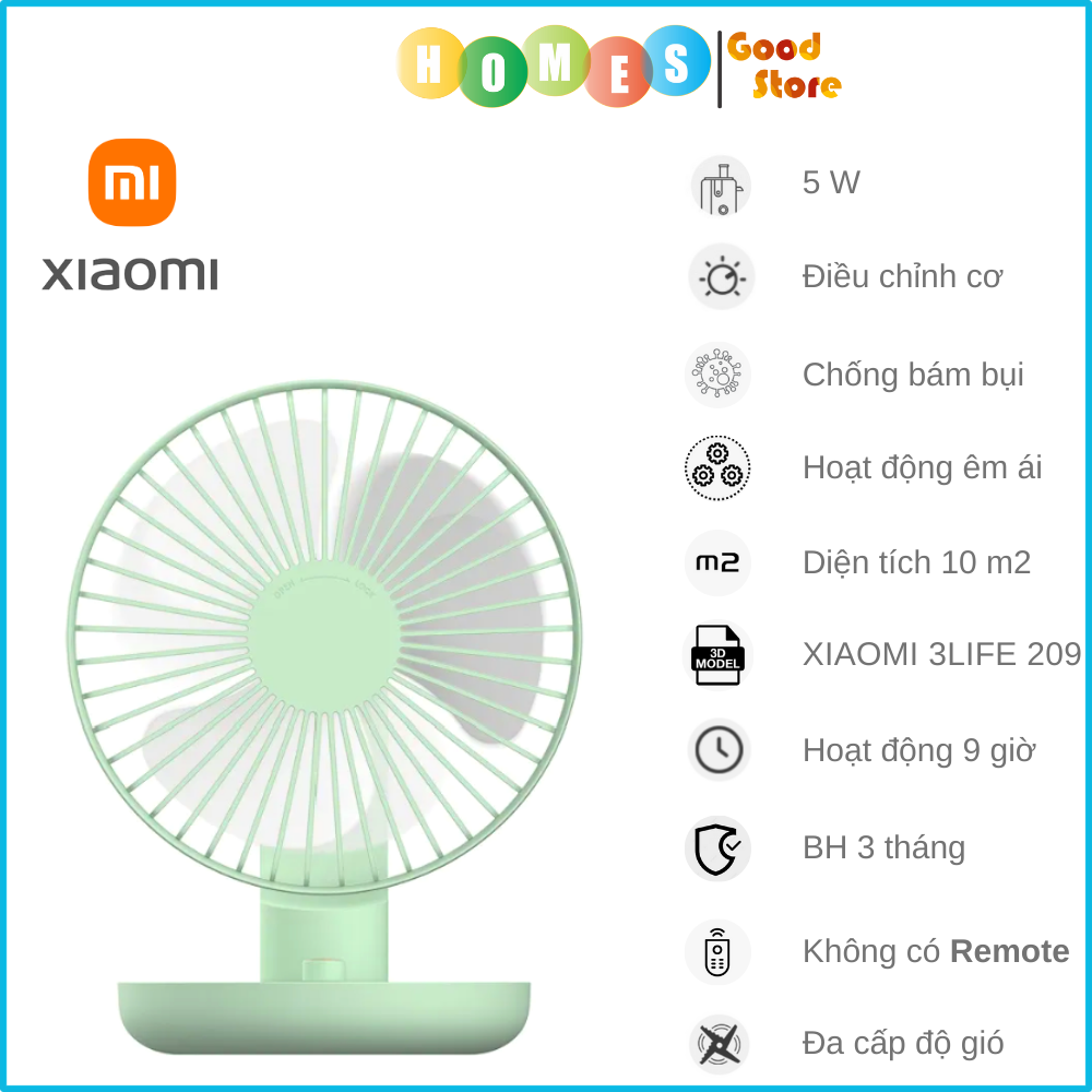 Quạt Tích Điện Gấp Gọn Mini XIAOMI 3LIFE 209 Phiên Bản 2023, Không Gian Sử Dụng 5-10 m2 Sử Dụng 9 Giờ Liên Tục - Hàng chính hãng Chờ duyệt