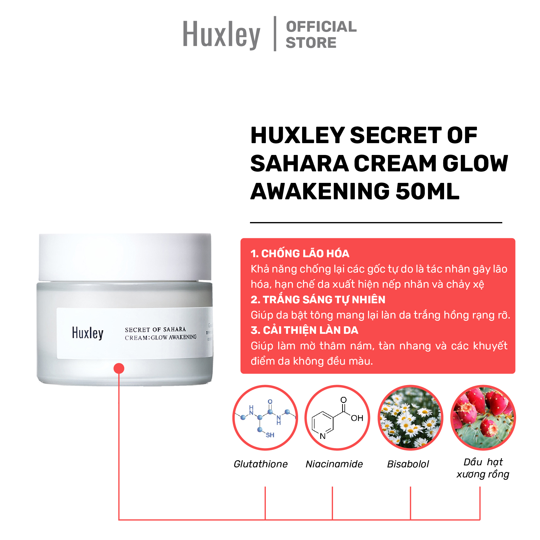 Kem Chống Lão Hóa Da, Dưỡng Sáng Chiết Xuất Từ Xương Rồng Huxley Secret Of Sahara Cream Glow Awakening 50ml