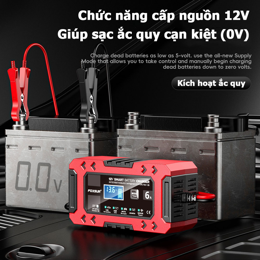 Bộ sạc ắc quy thông minh FOXSUR 12V 6F 10 giai đoạn 4AH - 120AH khử sunfat và tự động ngắt FBC1206F 6A