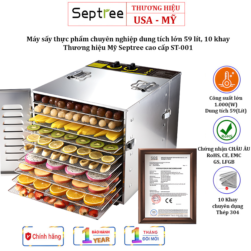 Máy sấy thực phẩm chuyên nghiệp dung tích lớn 59 lít, có tới 10 khay inox, Thương hiệu Mỹ Septree cao cấp ST-01 - HÀNG CHÍNH HÃNG, BẢO HÀNH 12 THÁNG