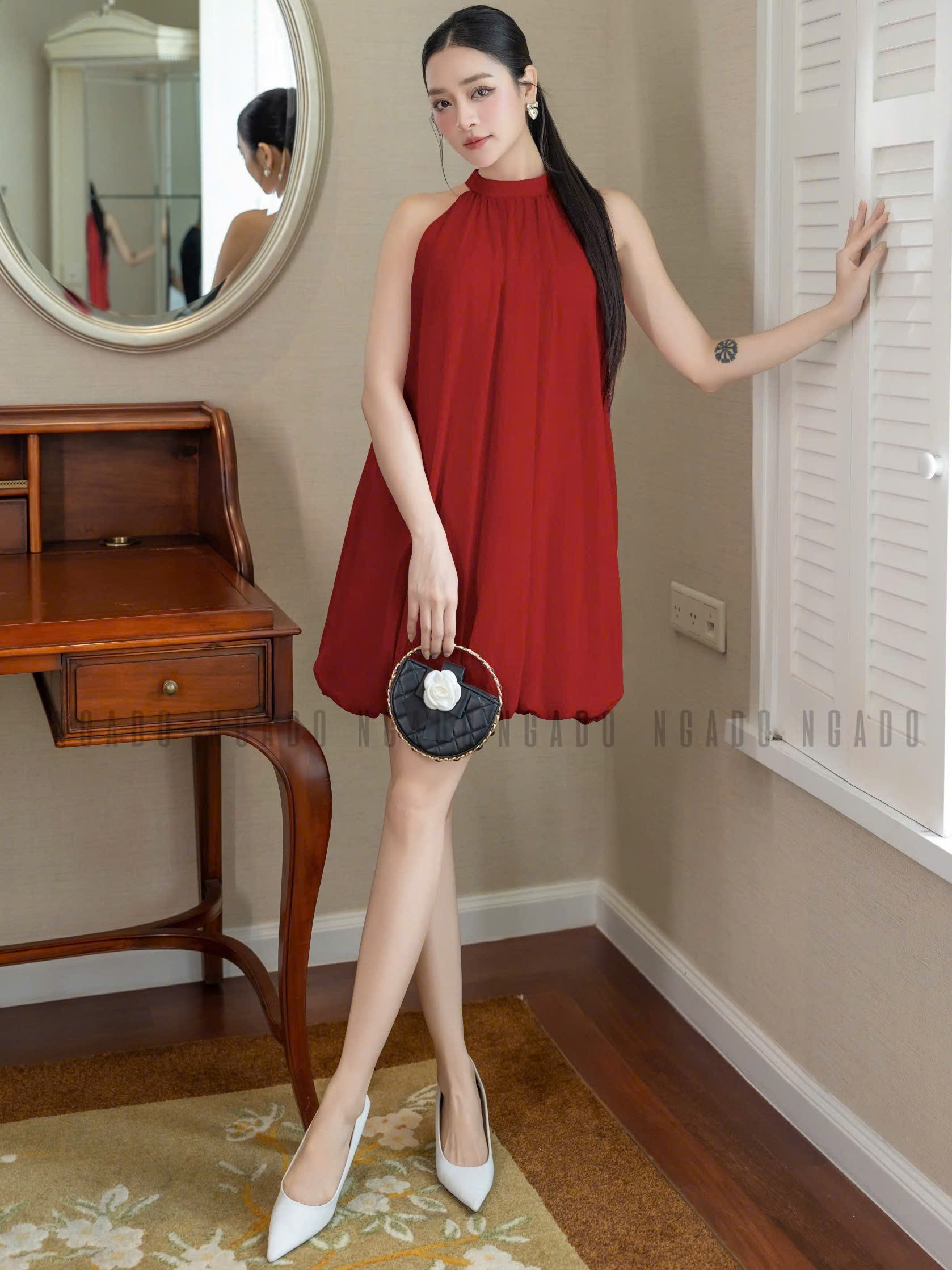 Đầm bí đỏ cổ yếm NGADO , đầm cổ yếm , đầm dự tiệc , dạo phố