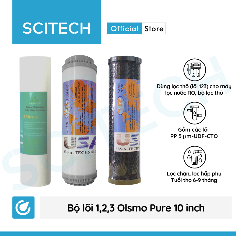 Bộ lõi lọc nước số 1,2,3 (PP-UDF-CTO) 10 inch Olsmo Pure by Scitech dùng trong máy lọc nước RO, bộ lọc thô - Hàng chính hãng