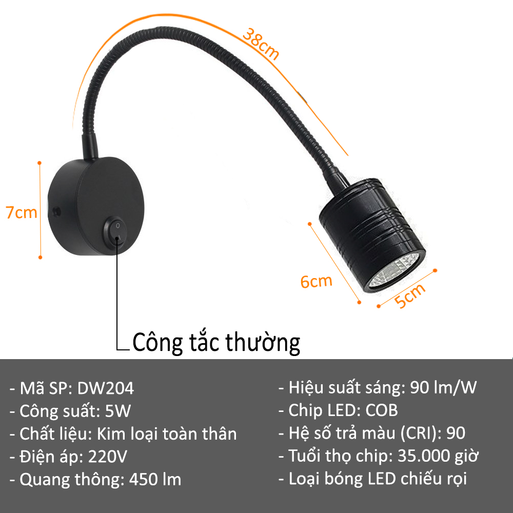 Đèn Led chiếu rọi trang trí gắn tường đầu giường 5W-220V Tích hợp đèn ngủ và Đèn đọc sách BOFIT - DW204