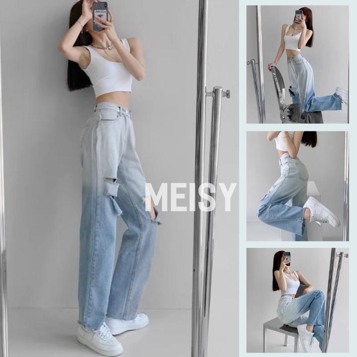 Quần Jean Nữ Rách Gối Ống Rộng Cạp Lưng Cao Màu Xanh Trắng Dáng Ống Xuông Chất Bò Dầy Dặn