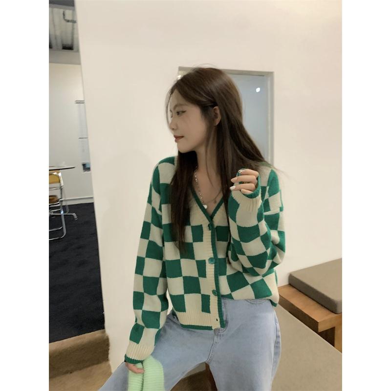 Áo khoác cardigan len dáng croptop sọc caro màu xanh đen phong cách hàn quốc D-10