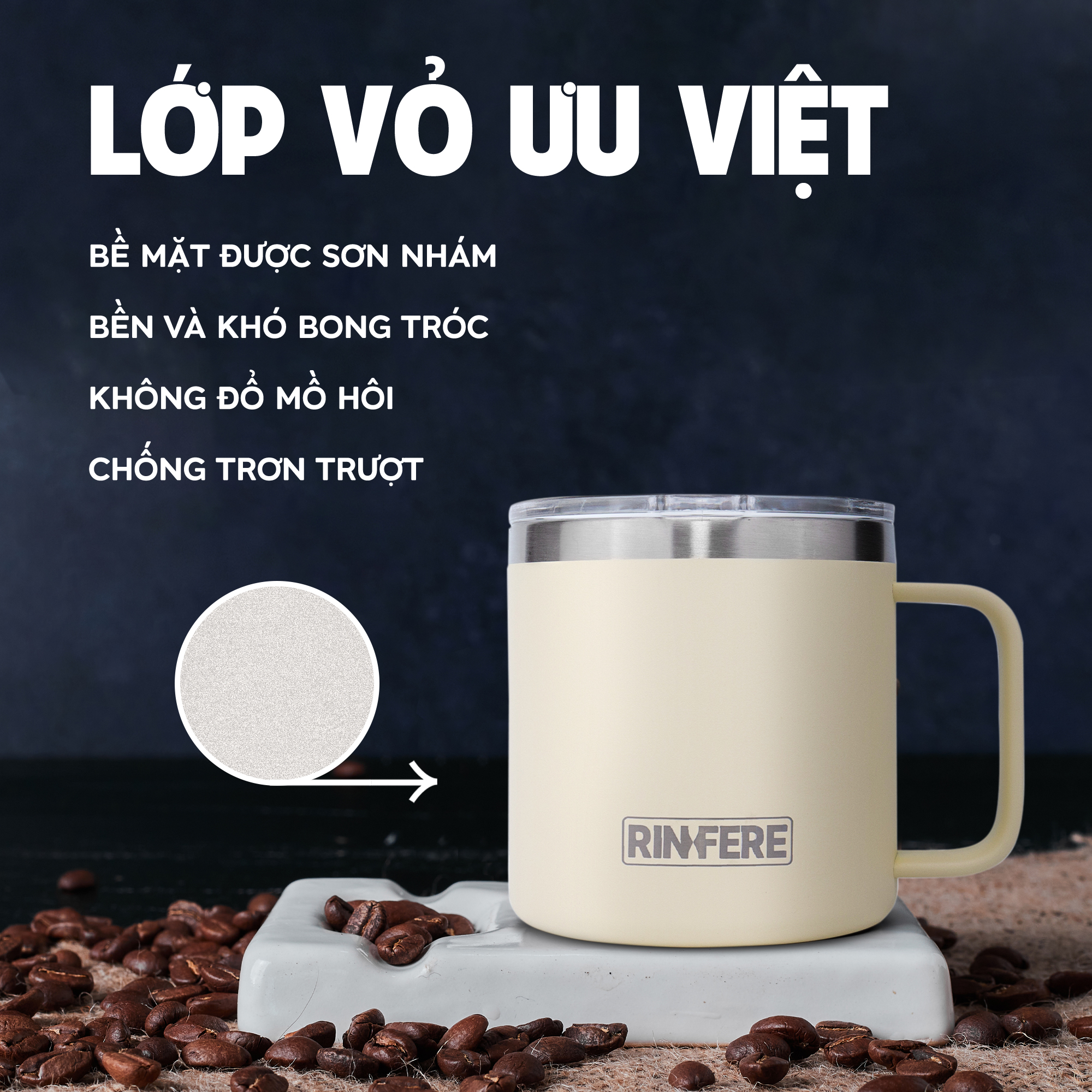 Ly Giữ Nhiệt Cà Phê Có Tay Cầm Nắp Trượt Chống Tràn Rinfere (415ml)