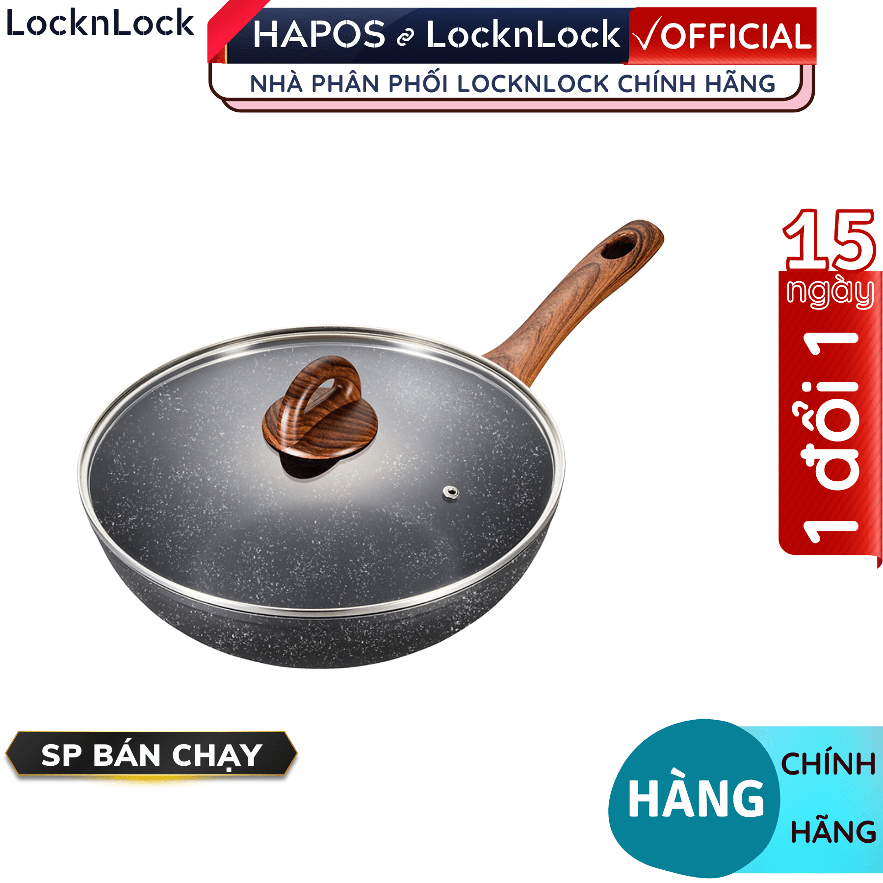 Chảo Nhôm Sâu Lòng Chống Dính Lock&amp;Lock Baum Marble 1 Tay Cầm, Nắp Thủy Tinh LBU1305 (30cm) - Hàng chính hãng - Hapos