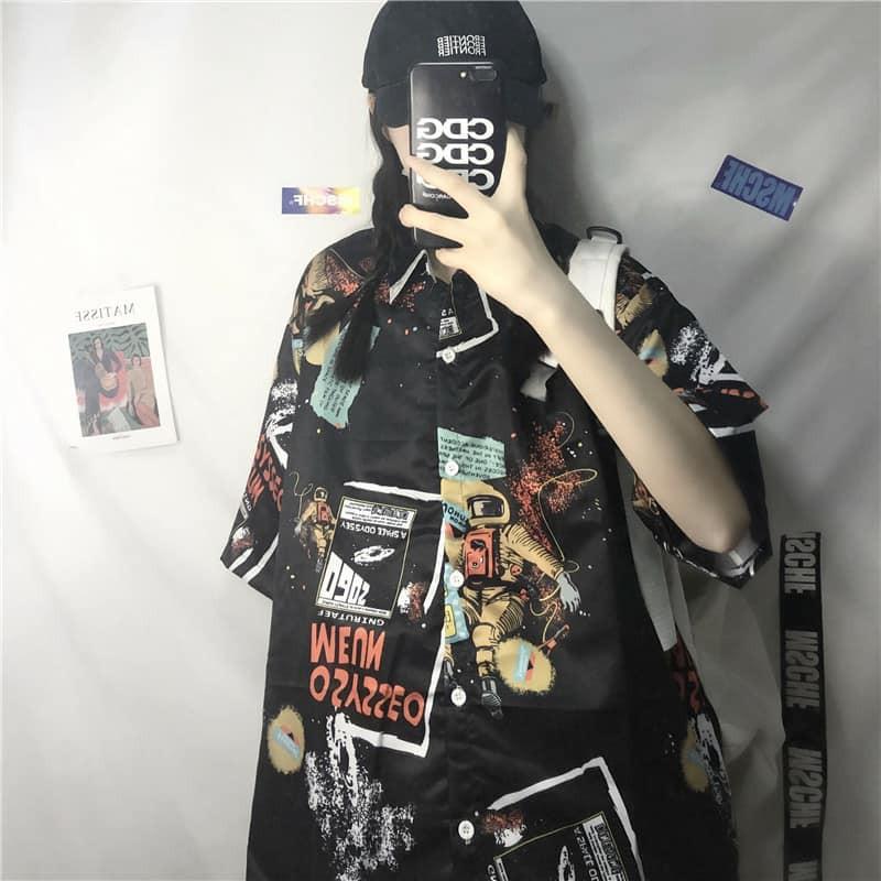 Áo sơ mi tay lỡ form rộng in hình NUEM cực hot